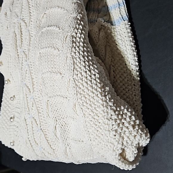 The Eagle's Eye Vintage Hand Knit White & Blue Cable Knit Cardigan Size Medium - Picture 13 of 13